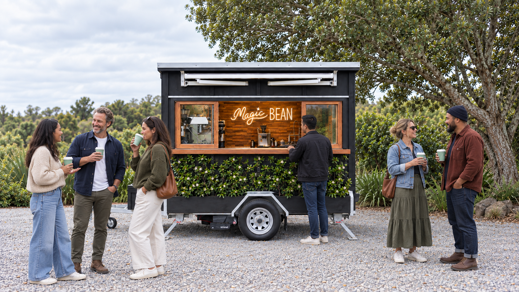 Customers enjoying coffee beside the Magic Bean coffee cart under a pōhutukawa tree